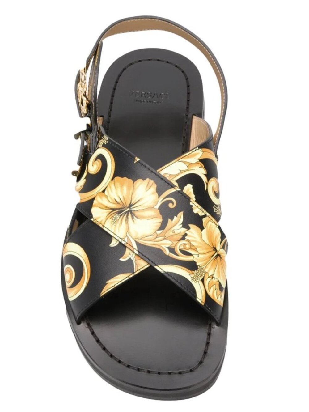 VERSACE baroque print sandals Yellow Gold Size US 8 Leather Hibiscus